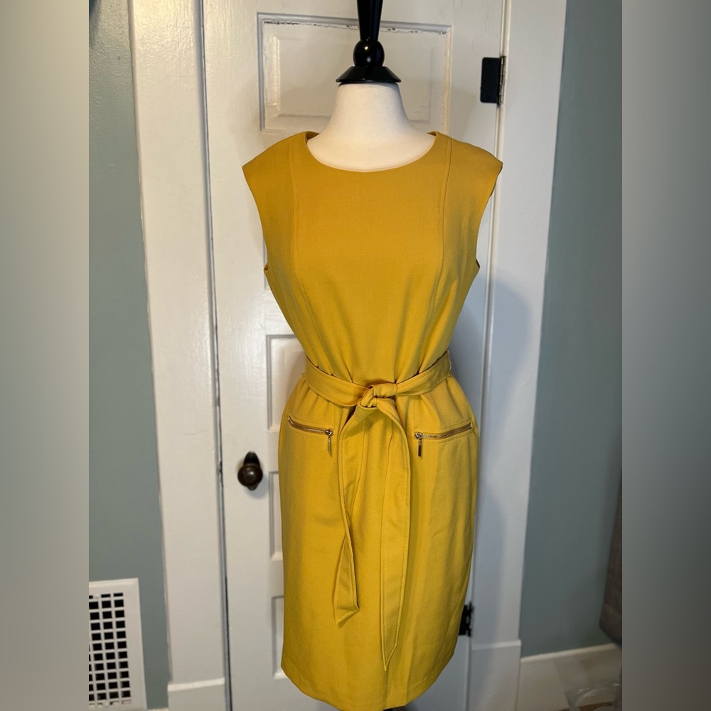 Kasper, Dark Mustard yellow, cap short sleeve dress with tie belt, Women 10